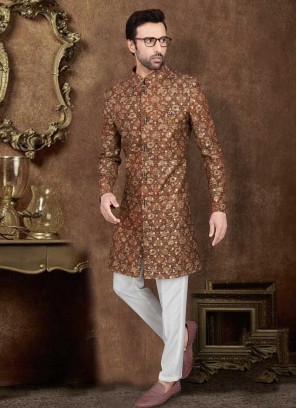 Art Silk Printed Indo-Western In Brown