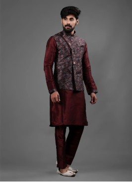 Art Silk Printed Nehru Jacket Set