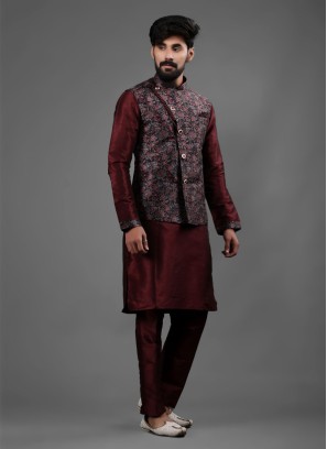 Art Silk Printed Nehru Jacket Set