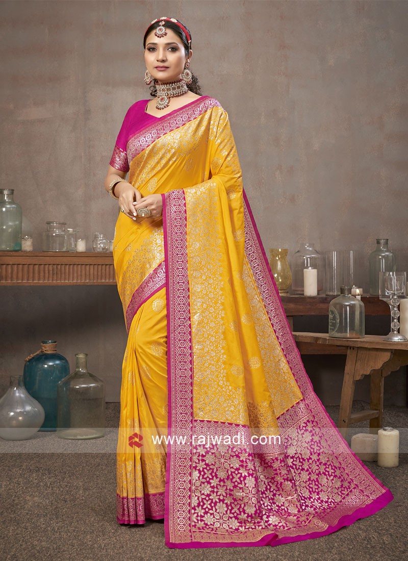 Yellow Cotton Silk Saree for Onam Look