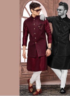 Art Silk Sequins Embroidered Men's Nehru Jacket Set