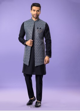 Art Silk Thread Embroidered Black Nehru Jacket Set