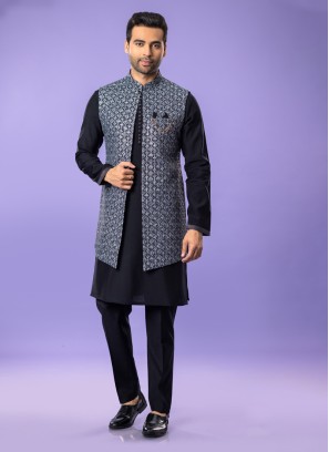 Art Silk Thread Embroidered Black Nehru Jacket Set