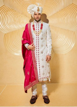 Art Silk Wedding Anarkali Sherwani In White Color