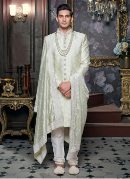 Art Silk Wedding Sherwani In Light Pista Color