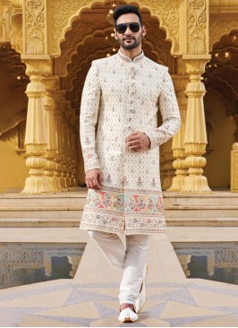 Art Silk Wedding Wear Cream Sherwani