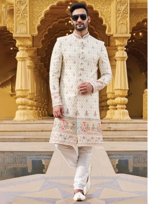 Art Silk Wedding Wear Cream Sherwani
