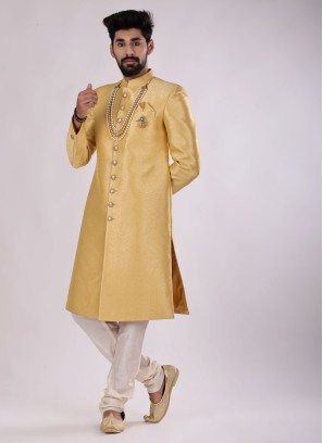 Art Silk Wedding Wear Indowestern In Yellow Color