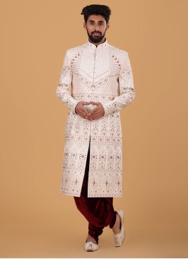 Art Silk White And Maroon Shervani