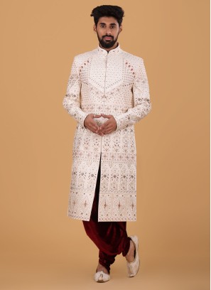 Art Silk White And Maroon Shervani