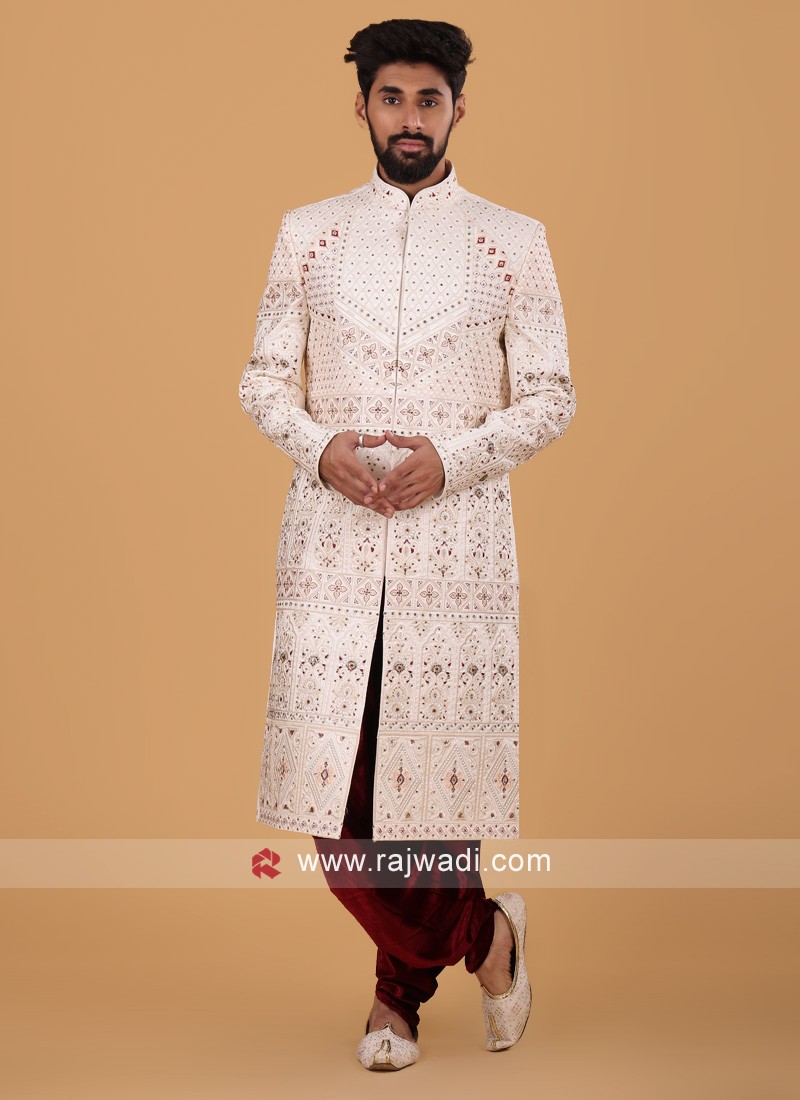 Art Silk White And Maroon Shervani