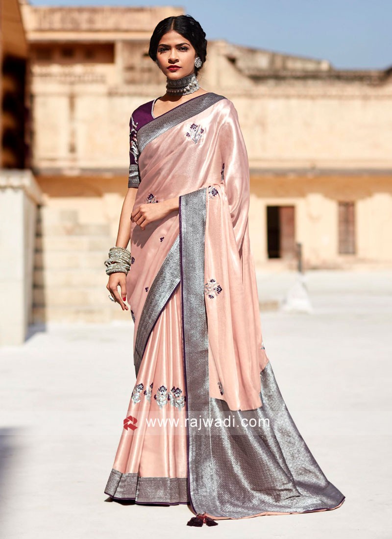 Peach Color Dola Silk Wedding Wear Saree