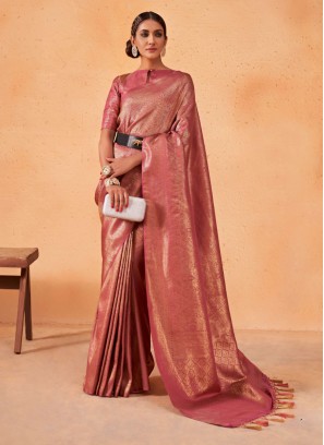 Artistic Coral Pink kanjivaram Silk Saree