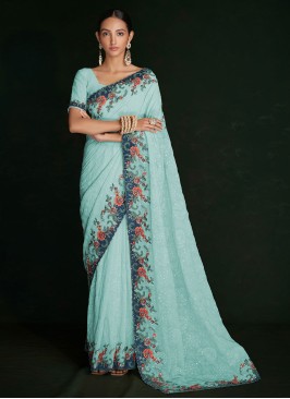 Turquoise Georgette Lucknowi Work Classic Saree