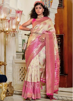 Beige and Pink Banarasi Silk Classic Saree