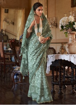 Astonishing Palace Green Cotton Batik Printed Saree