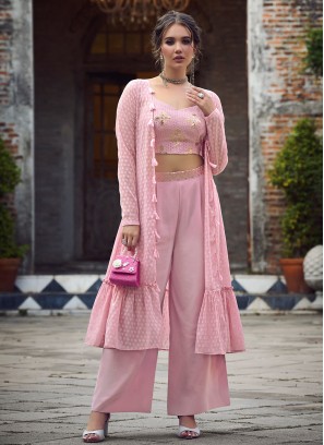 Dusty Rose Pink Palazzo Suit In Georgette With Embroidery