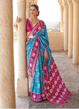 Astounding Patola Silk  Weaving Blue Traditional Saree