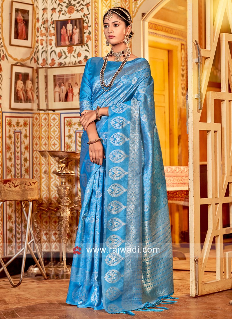 Gorgeous Firozi Woven Cotton Silk Wedding Saree