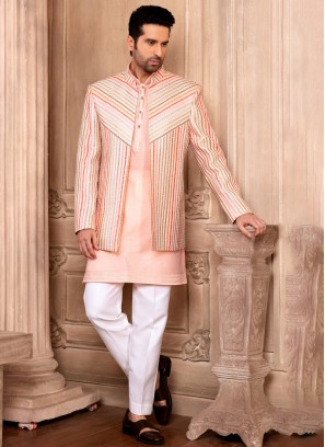 Attractive Art Silk Indowestern In Peach