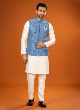 Attractive Cream And Blue Nehru Jacket Set