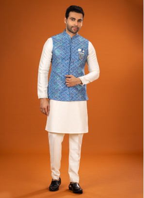 Attractive Cream And Blue Nehru Jacket Set