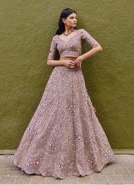 Dusty Rose Pink Heavy Embroidered Net Lehenga Choli