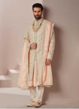 Attractive Embroidered Anarkali Style Silk Sherwani