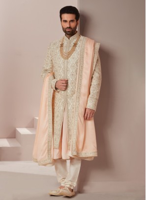 Attractive Embroidered Anarkali Style Silk Sherwani