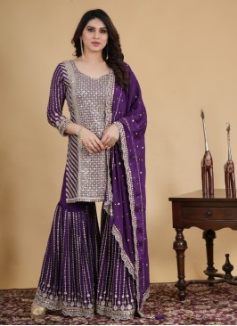 Attractive Embroidered Gharara Suit In Purple