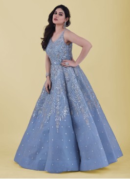 Sky blue Gown Diwali Dress with Embroidered Georgette - GWU0374