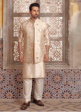 Attractive Golden Cream Color Nehru Jacket Set