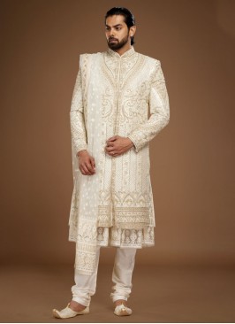 Attractive Groom Embroidered Cream Sherwani