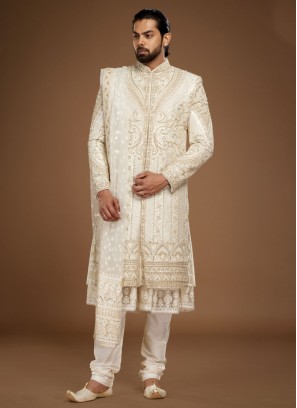 Attractive Groom Embroidered Cream Sherwani