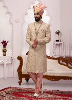 Attractive Groom Embroidered Golden Cream Sherwani