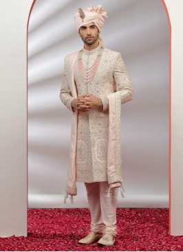 Attractive Groom Embroidered Golden Peach Sherwani