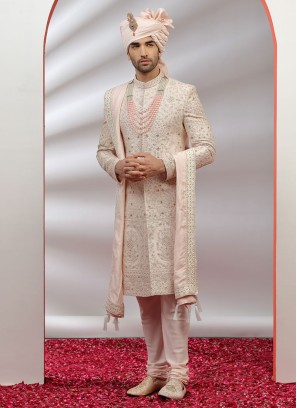 Attractive Groom Embroidered Golden Peach Sherwani