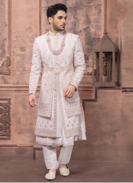 Attractive Groom Embroidered Light Pink Sherwani