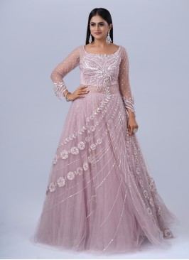 Attractive Light Pink Heavy Embroidered Wedding Gown