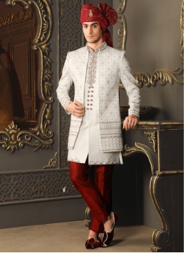 Attractive Jacket Style White Embroidered Sherwani