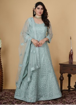 Attractive Light Pista Green Embroidered Wedding Gown