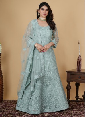 Attractive Light Pista Green Embroidered Wedding Gown