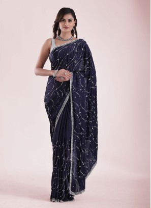 Attractive Navy Blue Embroidered Saree In Crepe Chiffon