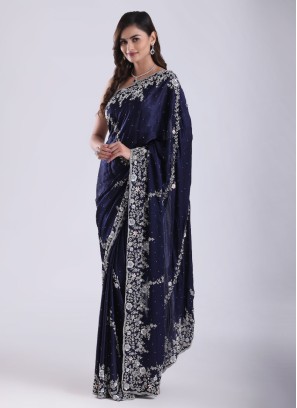 Attractive Navy Blue Heavy Embroidered Saree