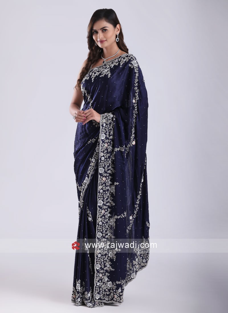 Blue Zardozi Hand Embroidered Crepe Silk Saree - Luxurionworld – Luxurion  World