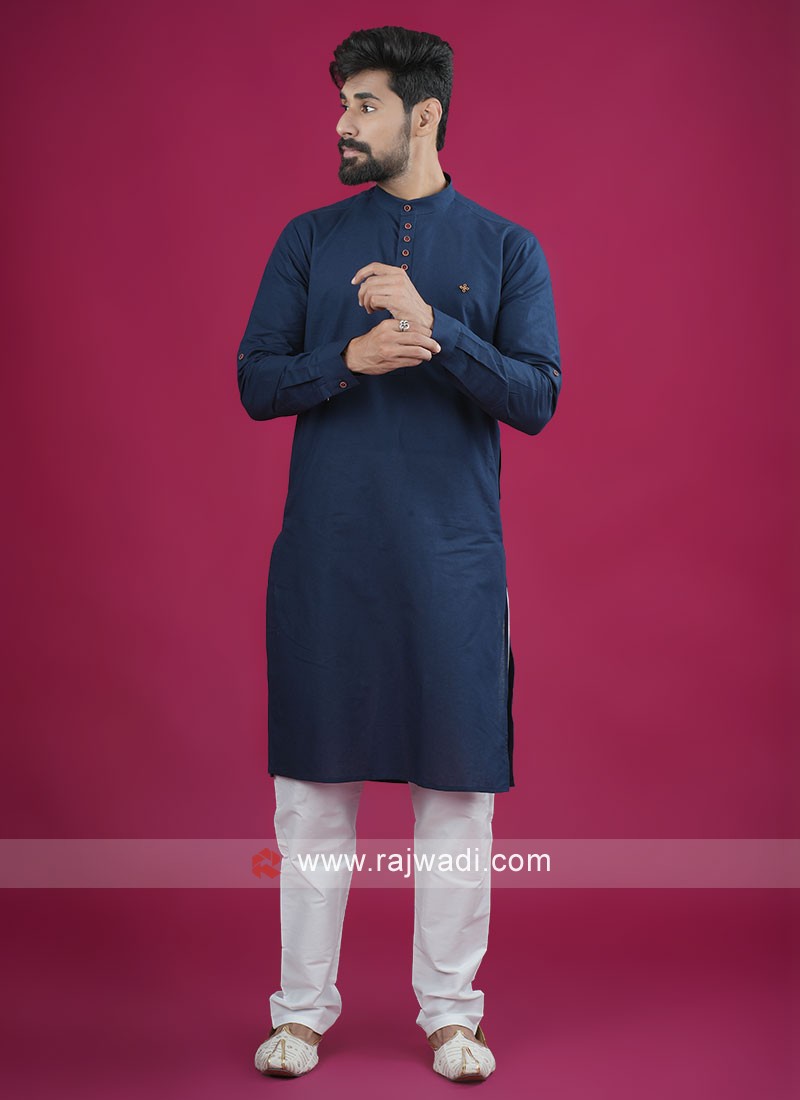 Men's Long Kurta Tunic: Navy Blue