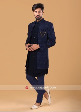 Attractive Navy Blue Mens Indowestern Set