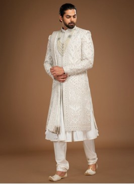 Attractive Off White Embroidered Anarkali Style Silk Sherwani