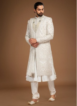 Attractive Off White Embroidered Anarkali Style Silk Sherwani