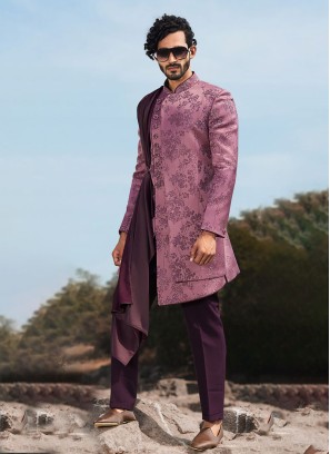 Attractive Onion Pink Indowestern Set In Brocade Silk